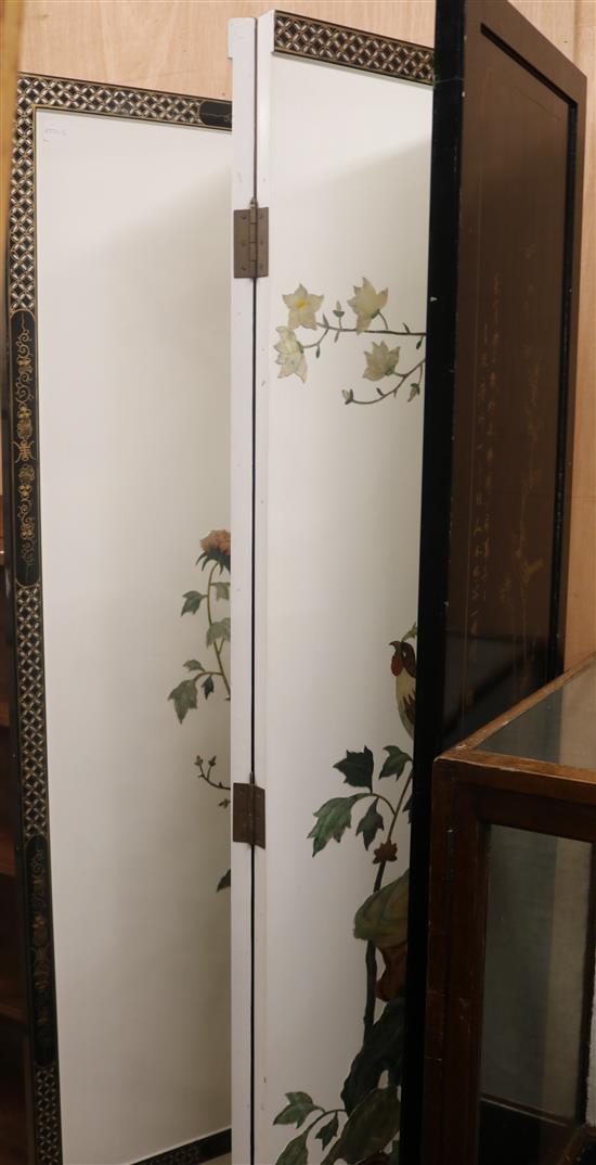 A Chinese lacquered four fold screen decorated in hardstone with flowers and pheasants, H. 183cm each panel, W.46cm